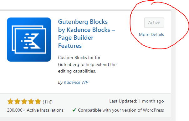 Install and activate Gutenberg blocks by Kadence blocks page builder features