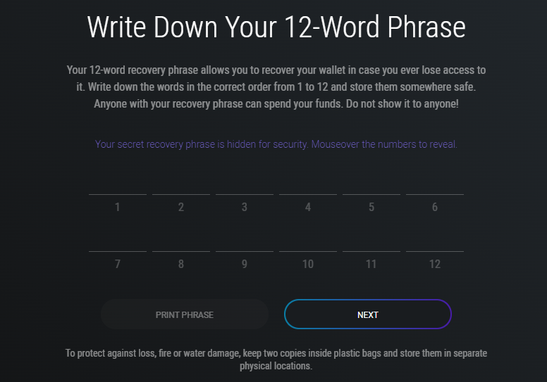 write down your secret 12 word phrase