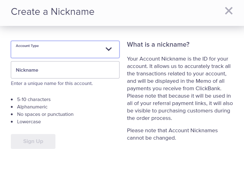 clickbank sign up account type and nick name