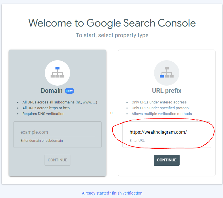 google search console enter your website URL