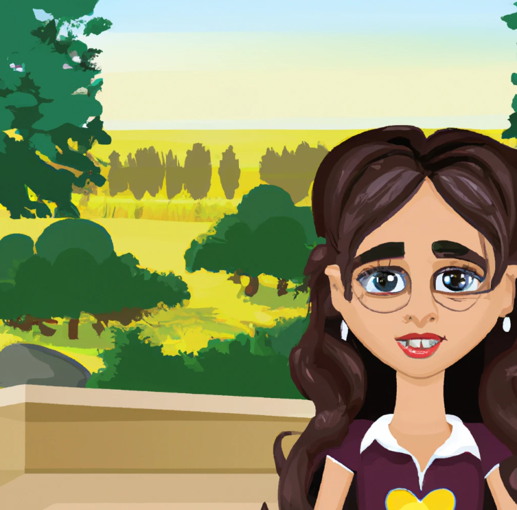 Affiliate marketing classes near me. A cute cartoon college student girl is looking at you. She has long hair and make up. she is in a scenery of nature. It appears she is taking a class.