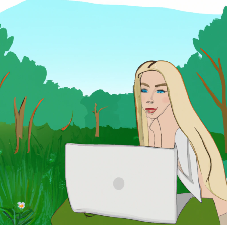 Affiliate marketing for Amazon. A cute cartoon woman. She has long hair and make up. she is in a scenery of nature. she is using a laptop.