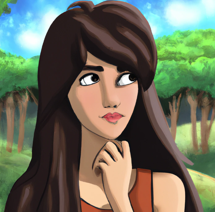 Affiliate marketing for dummies. A cute cartoon college student girl. She has long hair and make up. she is in a scenery of nature. She is thinking.
