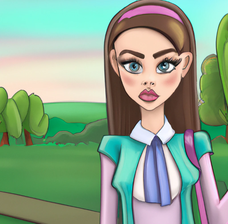 Affiliate marketing mentor near me. A cute cartoon college student girl is looking at you. She has long hair and make up. she is in a scenery of nature. It appears she is taking a class.