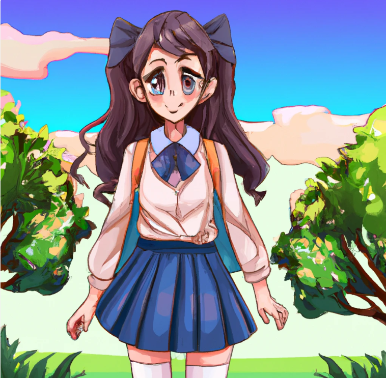 Affiliate marketing near me. A cute cartoon college student girl. She has long hair and make up. she is in a scenery of nature.