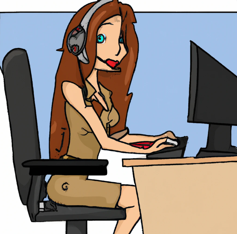 A cute cartoon college student girl. She has long hair and make up. She is sitting down in front of her computer desk with a headset on her head. "Affiliate marketing to"