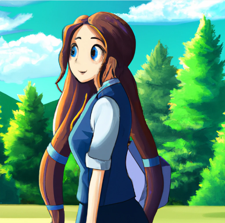 Affiliate marketing vs ecommerce. A high quality cute cartoon college student girl. She has long hair and make up. she is in a scenery of nature. She is standing sideway.