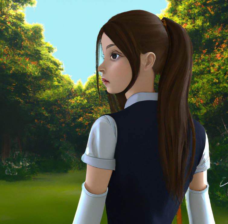 Affiliate marketing vs freelancing. A high quality cute cartoon college student girl. She has long hair and make up. she is in a scenery of nature. She is standing sideway.