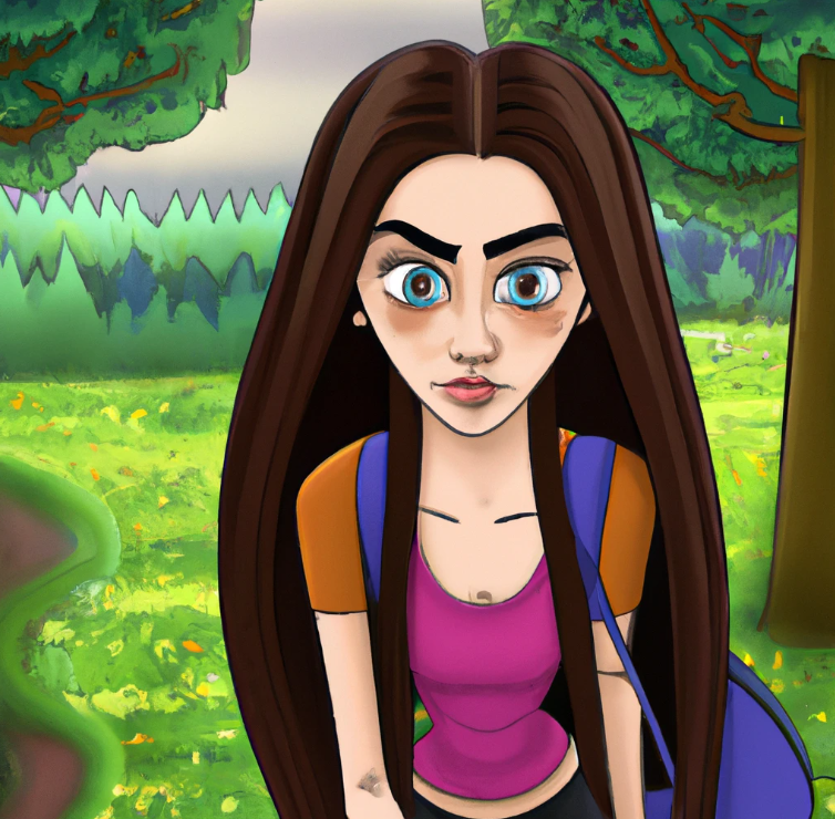 A cute cartoon college student girl is looking at you. She has long hair and make up. she is in a scenery of nature. It appears she is sneaking around. Affiliate marketing with Pinterest