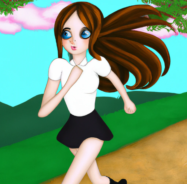 Affiliate marketing without followers. A cute cartoon college student girl is looking at you. She has long hair and make up. she is in a scenery of nature. It appears she is running.