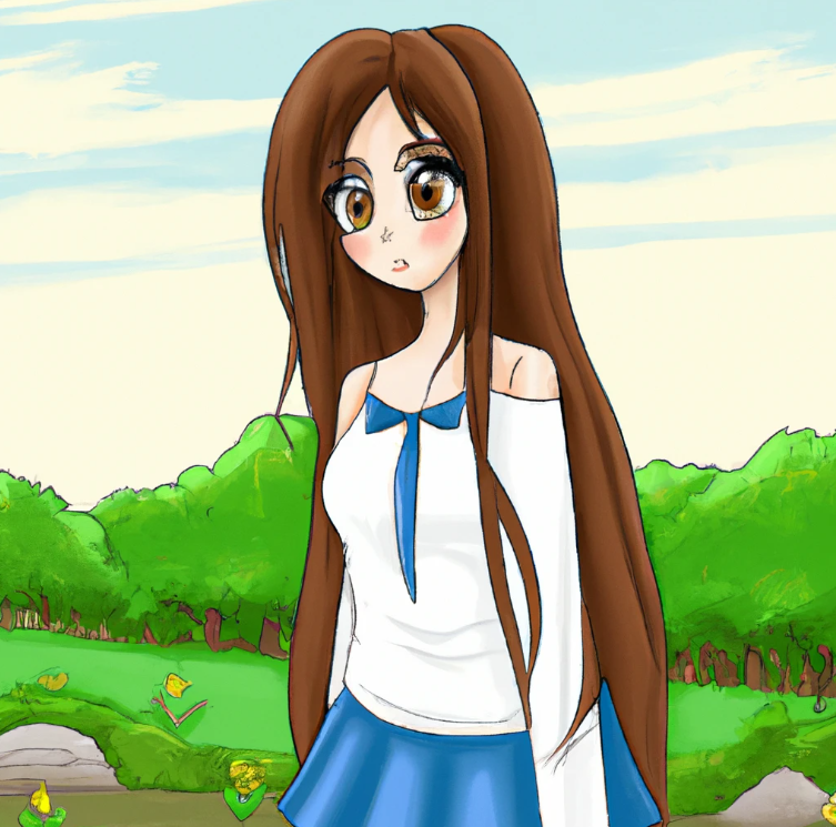 Affiliate marketing without investment. A cute cartoon college student girl. She has long hair and make up. she is in a scenery of nature.