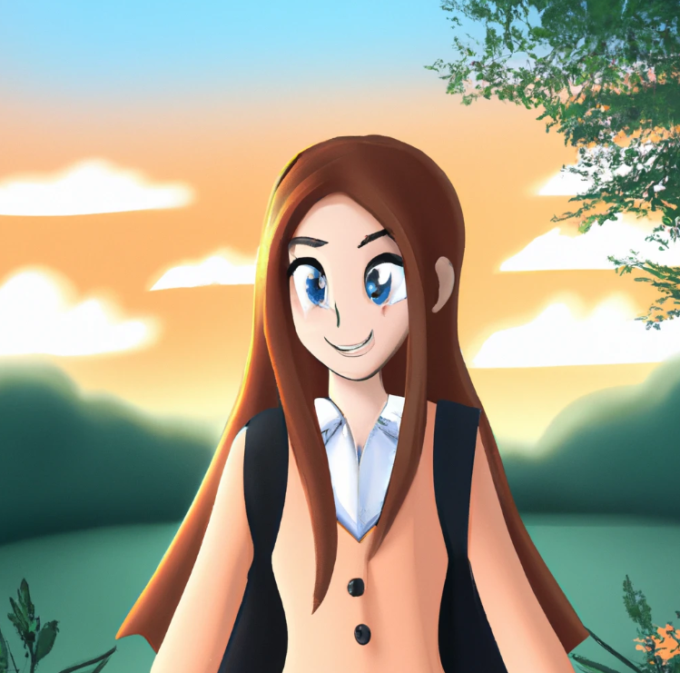 Affiliate marketing without showing your face. A cute cartoon college student girl. She has long hair and make up. she is in a scenery of nature.