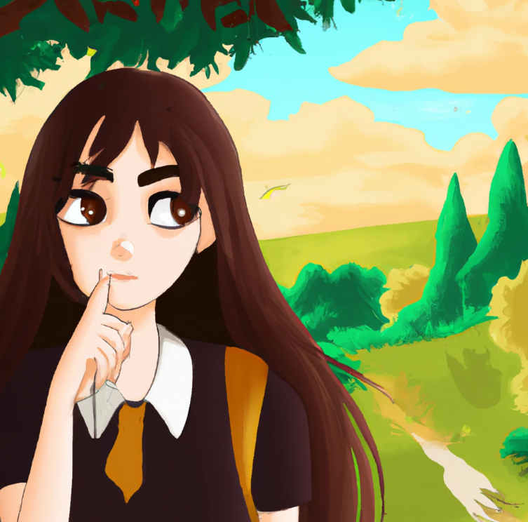 Build your blog around a product or service. Or use your blog to share advice, expertise, and experience. A cute cartoon college student girl. She has long hair and make up. she is in a scenery of nature. She is thinking.