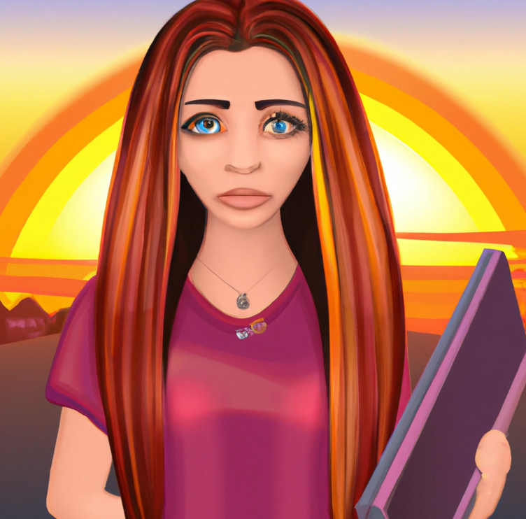 A cute cartoon college student girl is looking at you. She has long hair and make up. she is holding a laptop with one of her hands at sunrise. She is thinking what companies allow affiliate marketing.