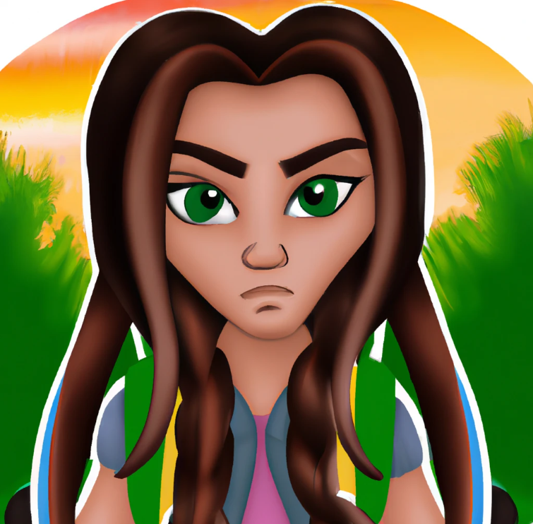 A cute but serious cartoon college student. She has long hair and make up. she is in a scenery of nature. She a backpack and you can see a laptop inside the backpack. When affiliate marketing started in. 