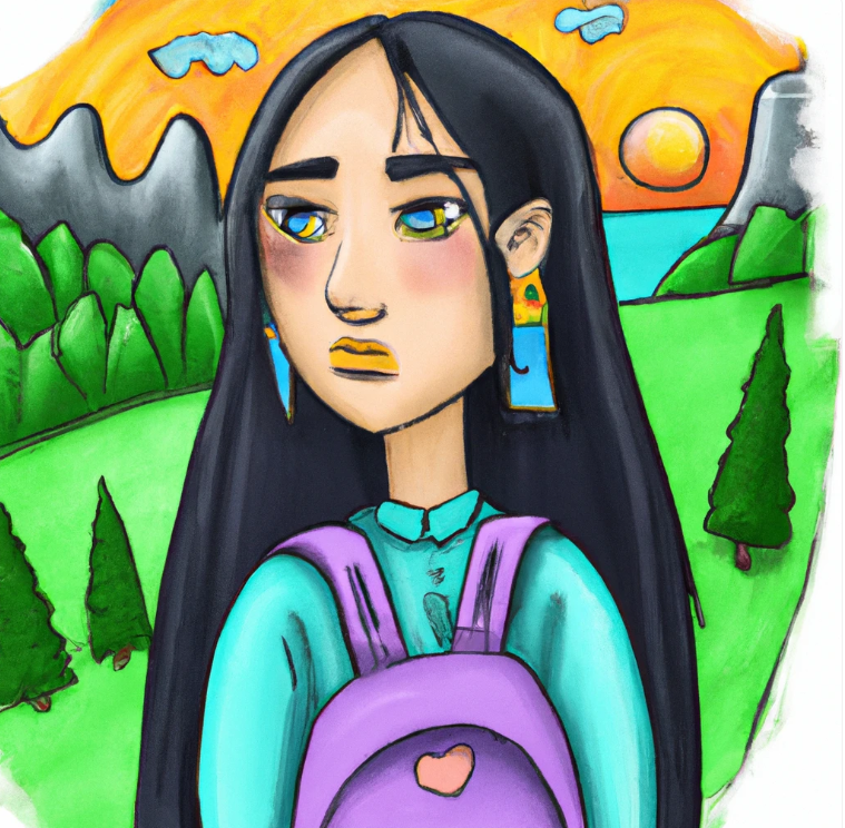 A cute but serious cartoon college student. She has long hair and make up. she is in a scenery of nature. She a backpack and you can see a laptop inside the backpack. When affiliate marketing started.