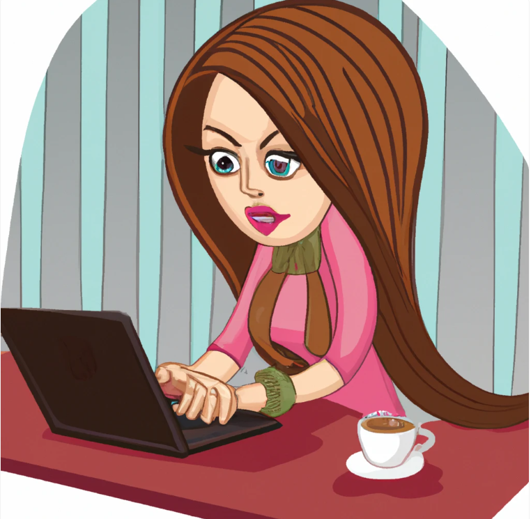 A cute cartoon college student. She has long hair and make up. she is in a cafeteria with a laptop. she appears to be concentrated working on something with the computer laptop. When can i start affiliate marketing