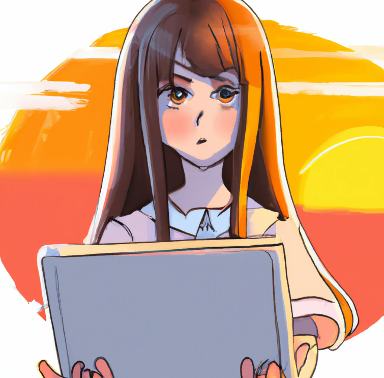 A cute cartoon college student girl is looking at you. She has long hair and make up. she is holding a laptop with both of her hands at sunrise. she is thinking about which companies offer affiliate marketing.