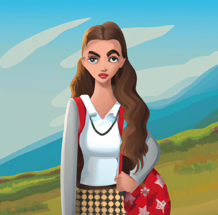 A cute cartoon college student girl is looking at you. She has long hair and make up. she is in a scenery of nature. She is thinking who can start affiliate marketing.