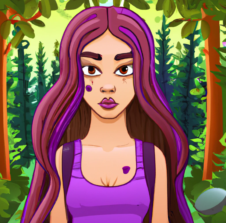 A cute cartoon college student girl is looking at you. She has long hair and make up and she is in beautiful forest. she is thinking why affiliate marketing does not work.