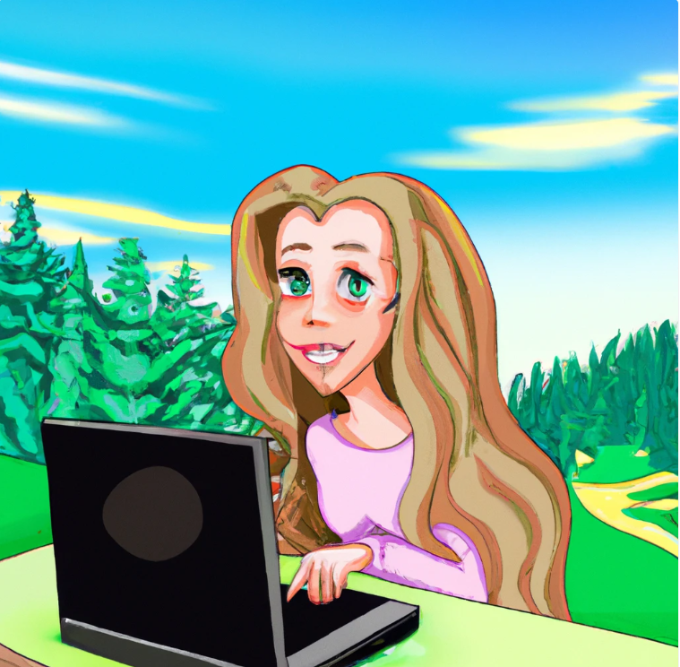 Affiliate marketing can you make money. A cute cartoon woman. She has long hair and make up. she is in a scenery of nature. she is using a laptop
