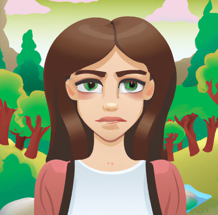 Affiliate marketing content can be legitimate . A cute cartoon college student girl is looking at you. She has long hair and make up. she is in a scenery of nature. It appears she is wondering around.