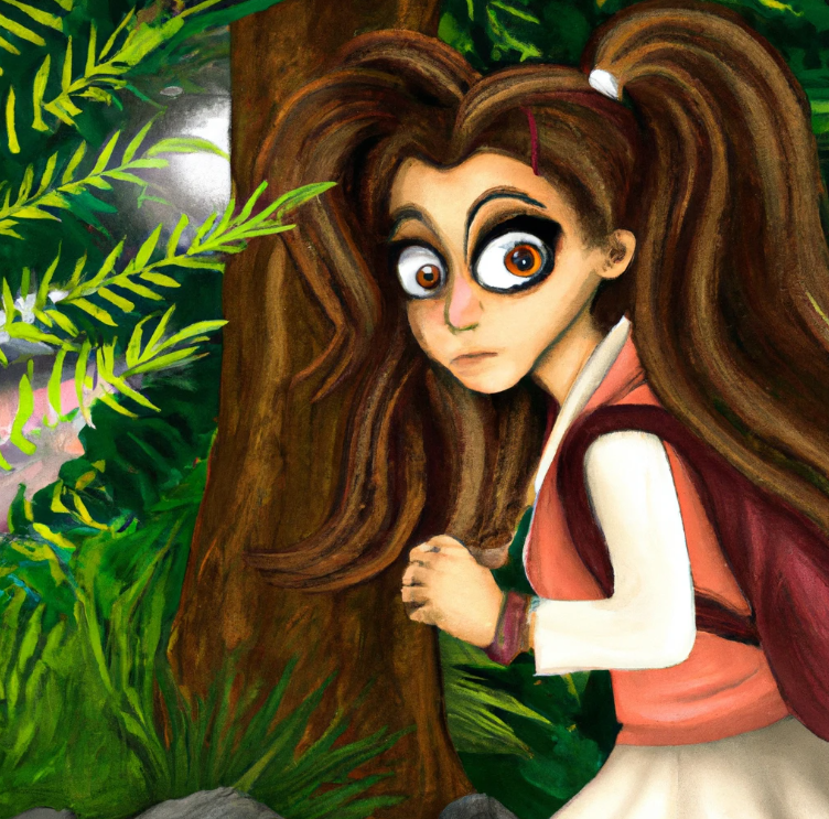 A cute cartoon college student girl is looking at you. She has long hair and make up. she is in a scenery of nature. It appears she is sneaking around. Affiliate marketing for beginners.
