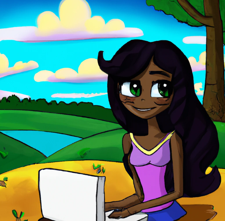 Affiliate marketing for target. A cute cartoon woman. She has long hair and make up. she is in a scenery of nature. she is using a laptop.