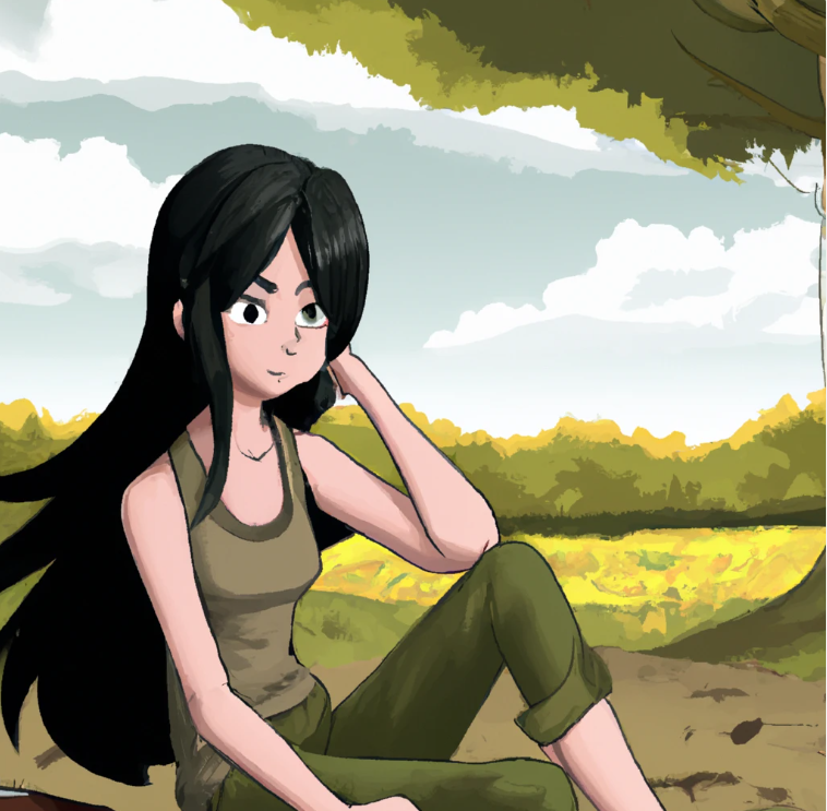 affiliate marketing is dead.  A high quality cute cartoon college student girl. She has long hair and make up. she is in a scenery of nature. She is sitting down