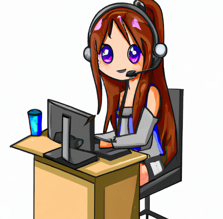Affiliate marketing to earn money. A cute cartoon college student girl. She has long hair and make up. She is sitting down in front of her computer desk with a headset on her head
