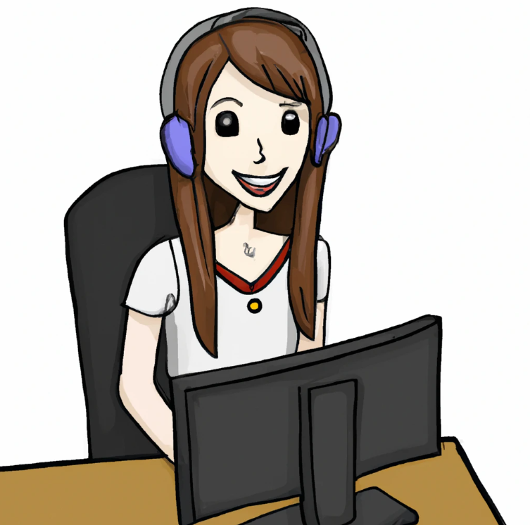 A cute cartoon college student girl. She has long hair and make up. She is sitting down in front of her computer desk with a headset on her head Affiliate marketing to make money.