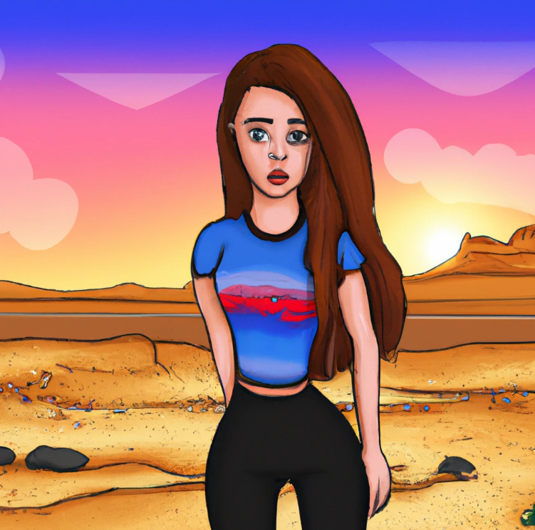 A cute cartoon college student girl is looking at you. She has long hair and make up. her body posture is sideway. The desert is the scenery that she is in . She is thinking Affiliate marketing where do i start
