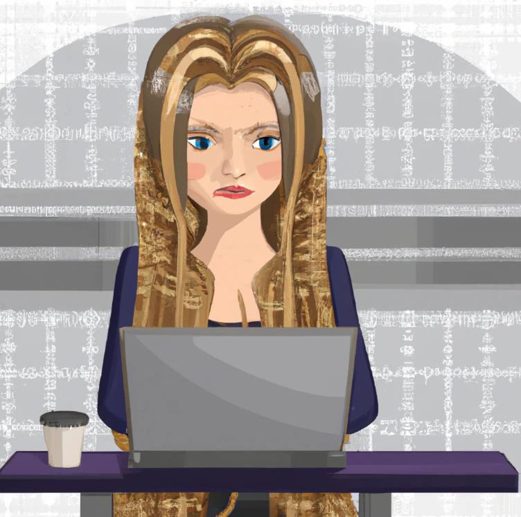 A cute cartoon college student. She has long hair and make up. she is in a cafeteria with a laptop. she appears to be concentrated working on something with the computer laptop .Affiliate marketing with clickbank