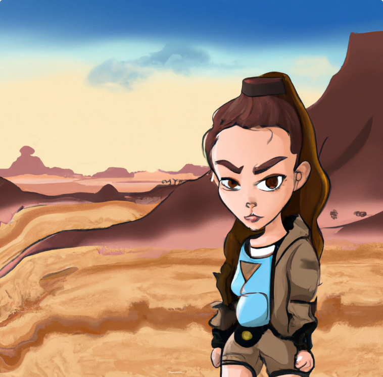 A cute cartoon college student girl is looking at you. She has long hair and make up. her body posture is sideway. The desert is the scenery that she is in. Affiliate marketing with no audience. 
