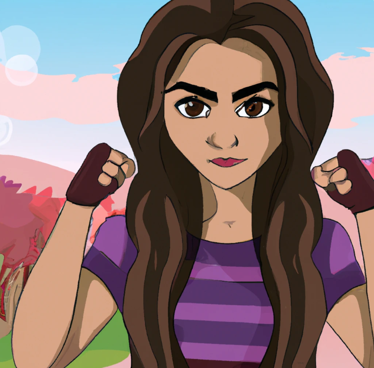 a cute cartoon college student girl is looking at you. She has long hair and make up. she is in a scenery of nature. She has boxing groves on and she has a pose like she is ready to fight. affiliate marketing with paid ads