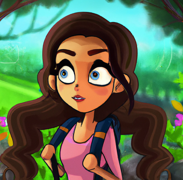 A cute cartoon college student girl is looking at you. She has long hair and make up. she is in a scenery of nature. It appears she is sneaking around. Affiliate marketing with tiktok