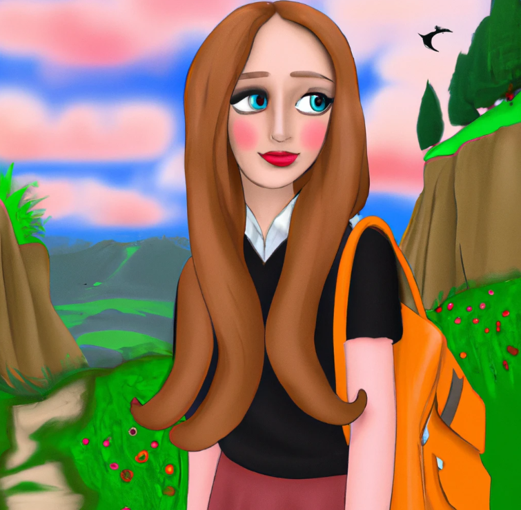 Affiliate marketing without audience. A cute cartoon college student girl. She has long hair and make up. she is in a scenery of nature.