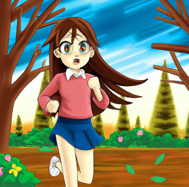 affiliate marketing without social media. A cute cartoon college student girl is looking at you. She has long hair and make up. she is in a scenery of nature. It appears she is running.