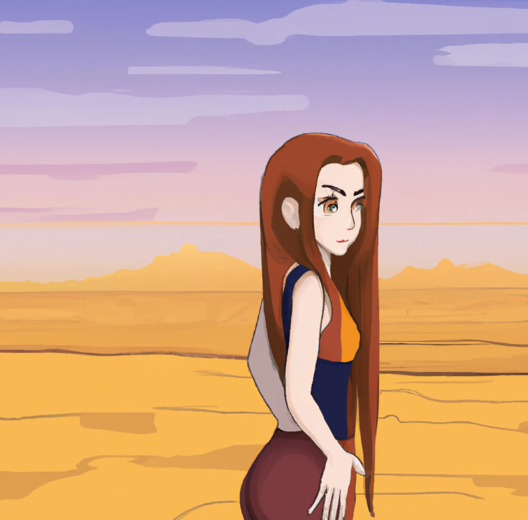 A cute cartoon college student girl is looking at you. She has long hair and make up. her body posture is sideway. The desert is the scenery that she is in. she is thinking Where can i start affiliate marketing. 