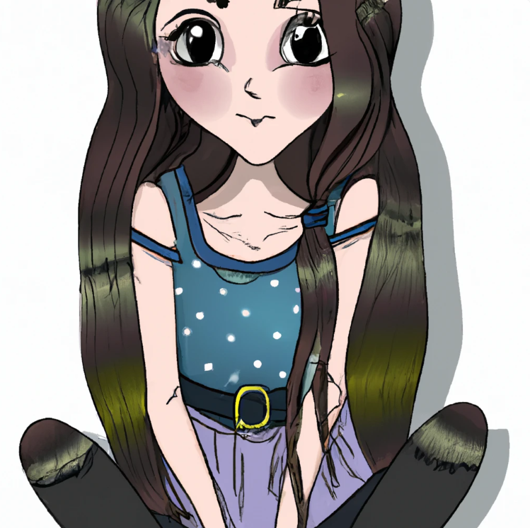 A cute and shy cartoon college student girl is looking at you. She has long hair and make up. she is sitting down. she is thinking where to start affiliate marketing.