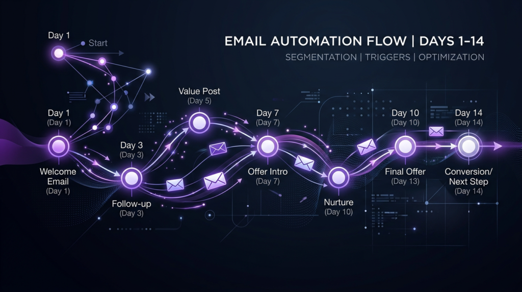 Email automation flow diagram showing a 14-day welcome sequence