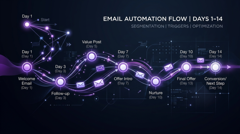 Email automation flow diagram showing a 14-day welcome sequence