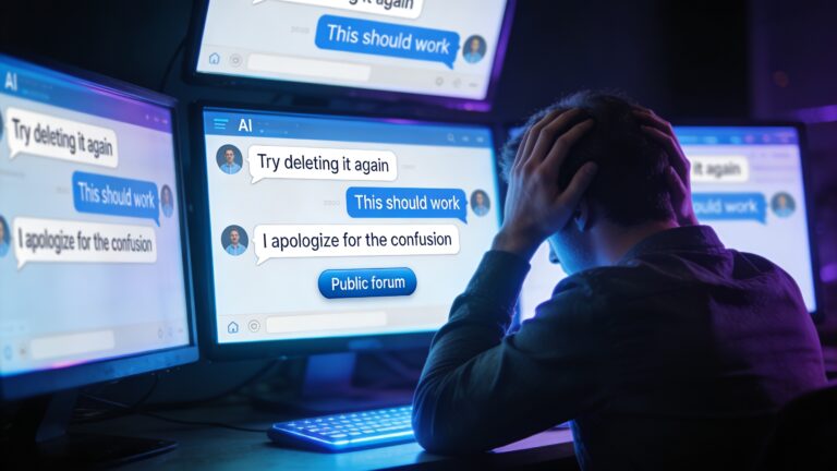 Frustrated person at computer screen surrounded by AI chat windows