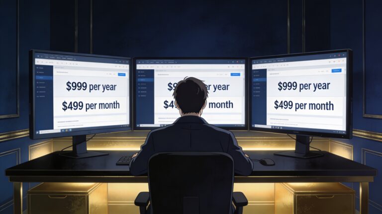 Anime illustration of a man at three monitors showing AI software pricing pages