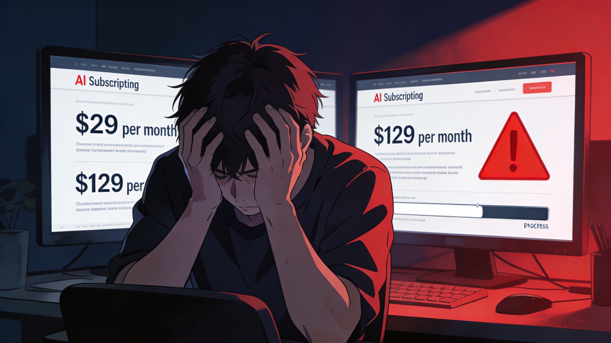 Anime illustration of a stressed man with head in hands looking at AI subscription pricing screens