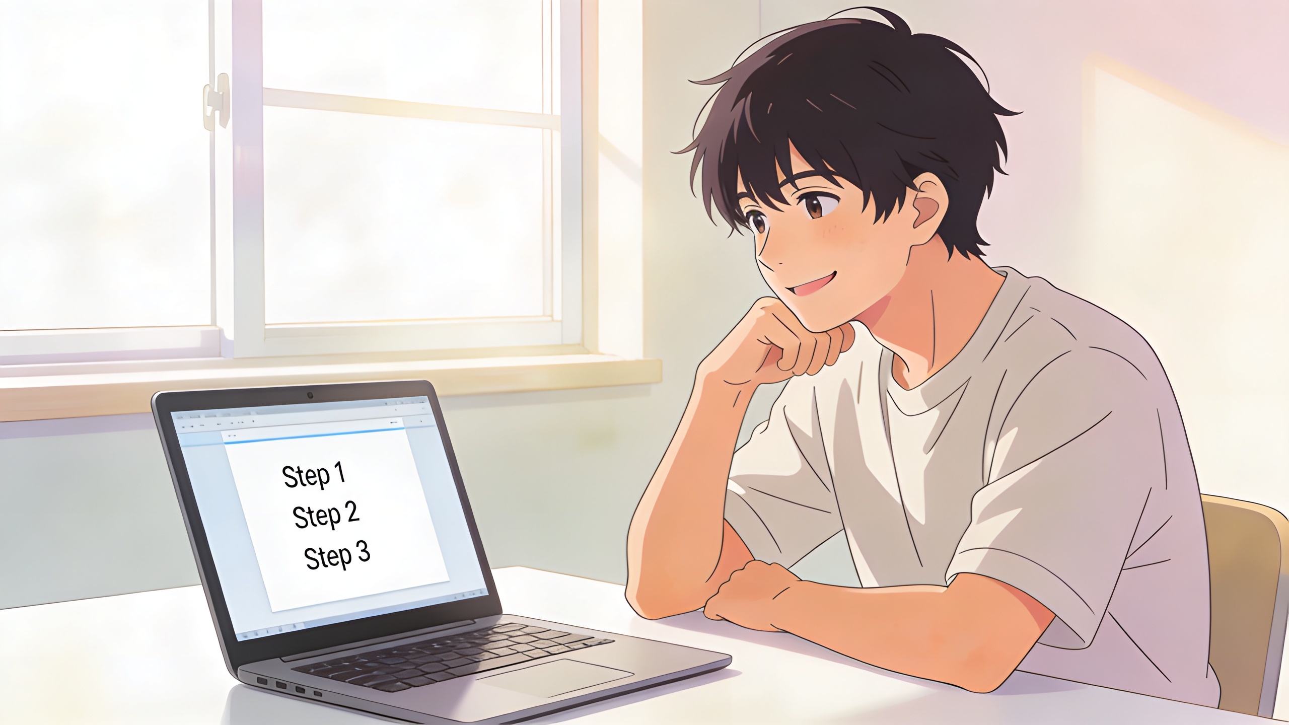 Anime illustration of a relaxed man at a laptop showing simple Step 1 Step 2 Step 3 slides