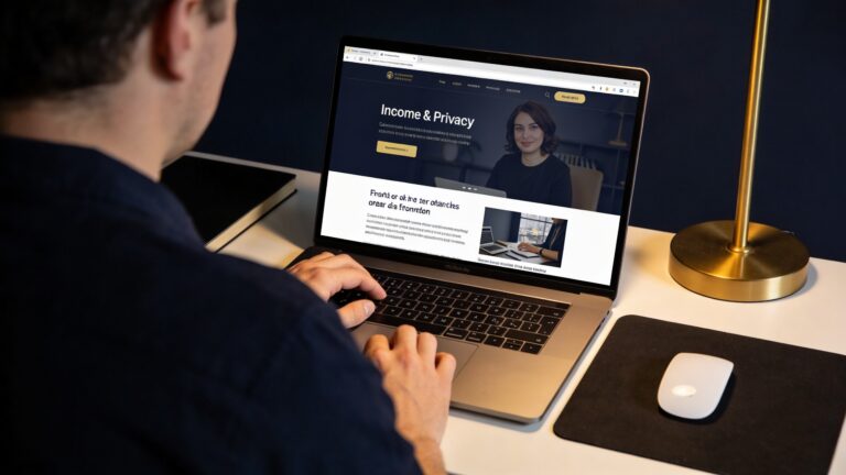 Person working on a laptop anonymously, dark moody workspace with dark navy and gold tones