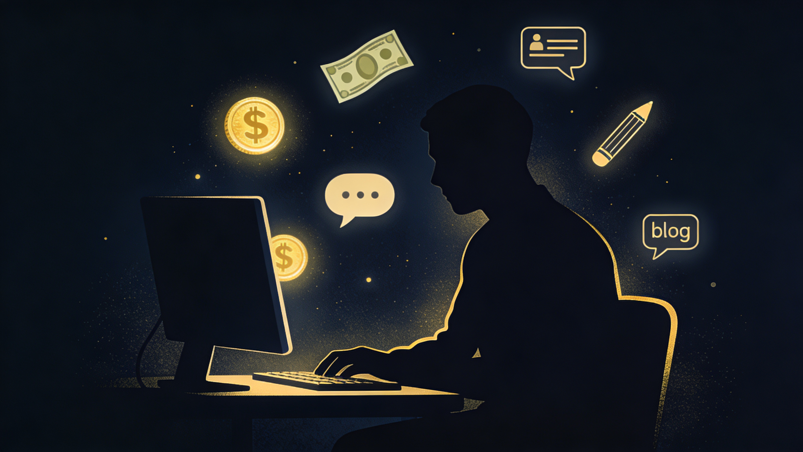 Stylized anonymous figure at a computer with money and blog icons, dark navy and gold digital art