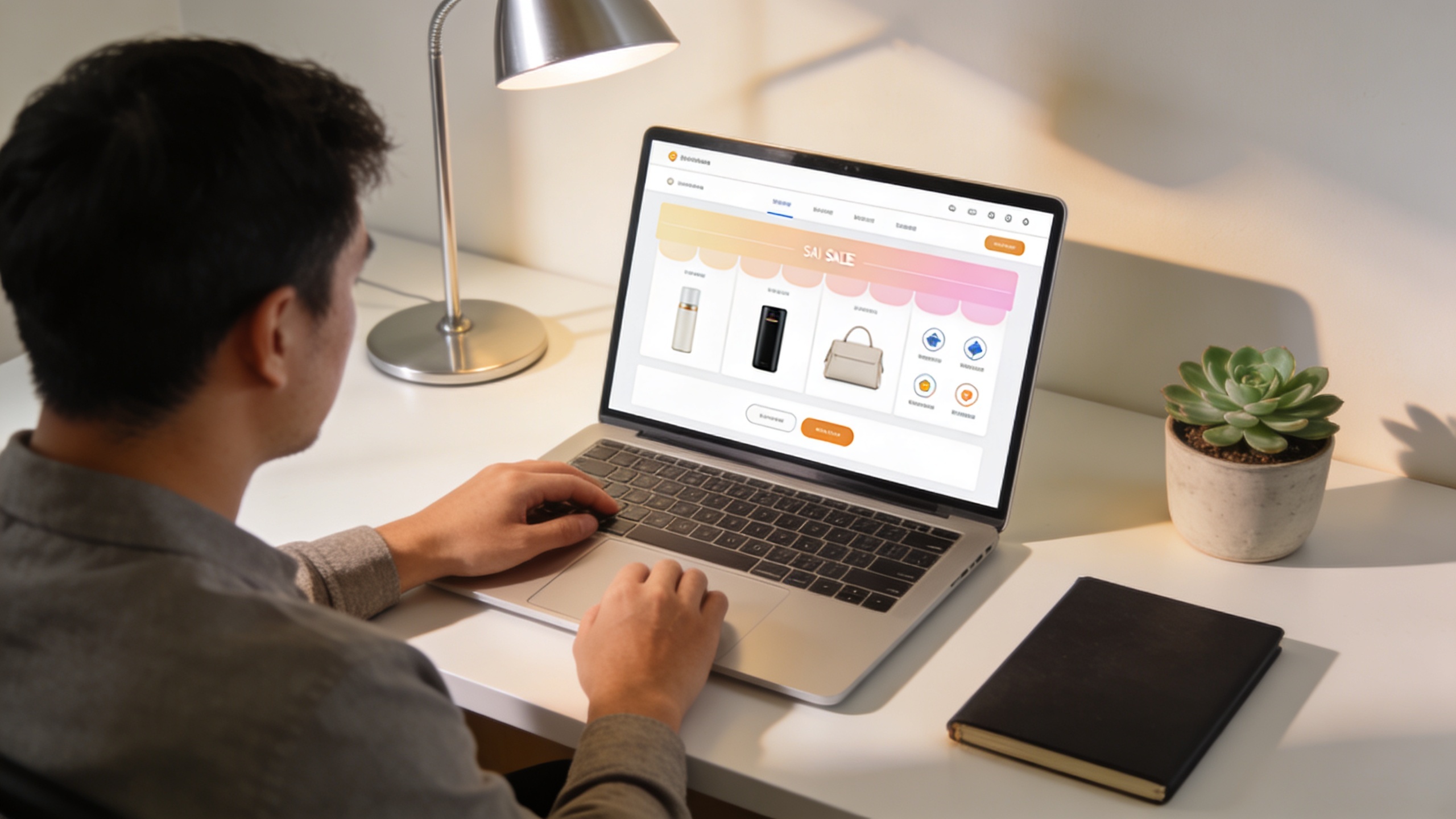 Person at laptop managing a digital product storefront
