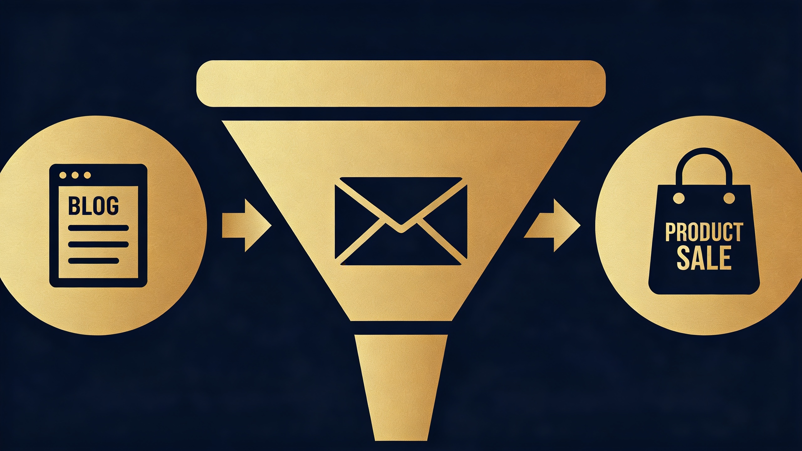 Sales funnel illustration — blog to email list to digital product sale, navy and gold